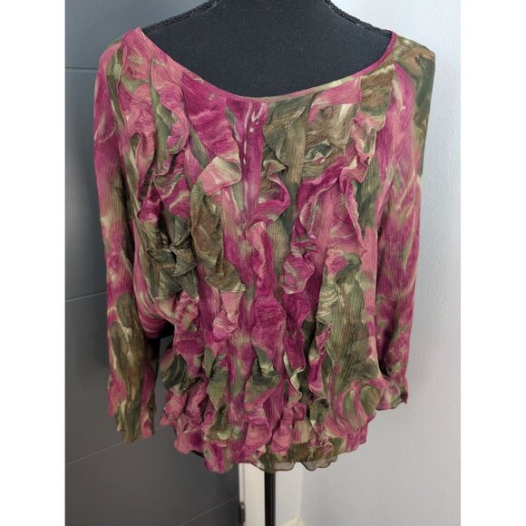 Anne Klein Pink & Green Floral 100% Silk Ruffle Front 3/4 Sleeve Blouse  - PM - Picture 2 of 5